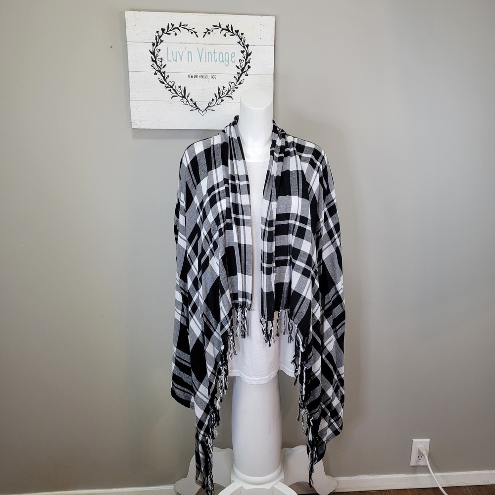 Cato Plaid Open Front Shirt‎ Jacket Cardigan Fringe Black White Womens Size L